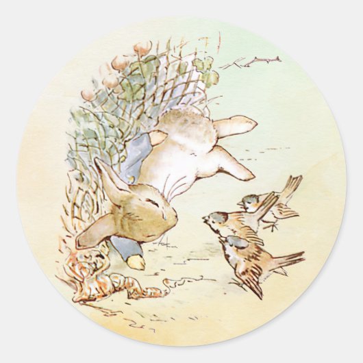 Peter Rabbit met vogels Ronde Sticker (Voorkant)
