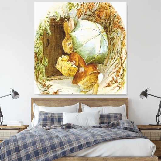 “Peter Rabbit met winterparaplu” van Beatrix Pot Canvas Afdruk (Insitu (Slaapkamer))