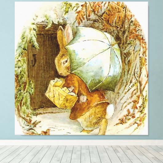 “Peter Rabbit met winterparaplu” van Beatrix Pot Canvas Afdruk (Insitu (Houten vloer))