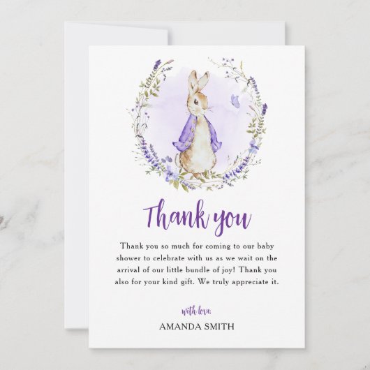 Peter Rabbit Paarse Baby shower Bedankkaart (Voorkant)