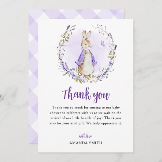 Peter Rabbit Paarse Baby shower Bedankkaart (Voorkant / Achterkant)