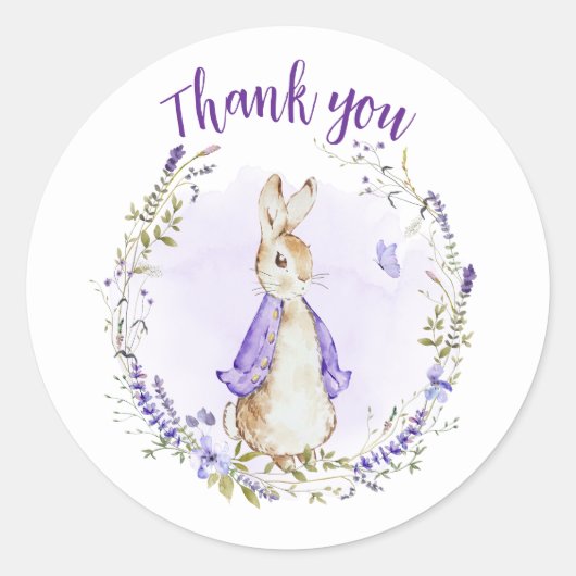 Peter Rabbit Paarse Baby shower Dank u Ronde Sticker (Voorkant)