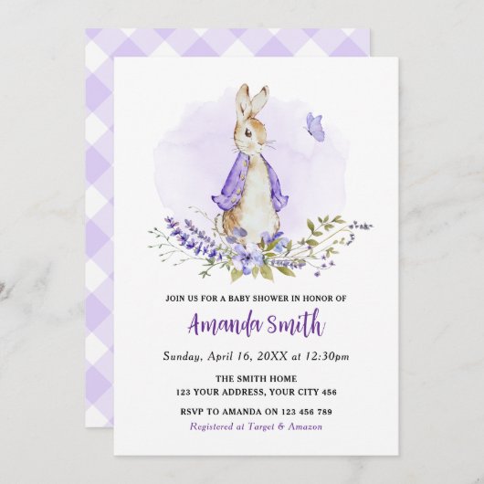Peter Rabbit Paarse Baby shower Kaart (Voorkant / Achterkant)