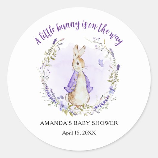 Peter Rabbit Paarse Baby shower Ronde Sticker (Voorkant)