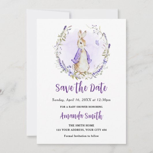 Peter Rabbit Paarse Baby shower Save The Date (Voorkant)