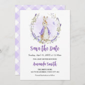 Peter Rabbit Paarse Baby shower Save The Date (Voorkant / Achterkant)