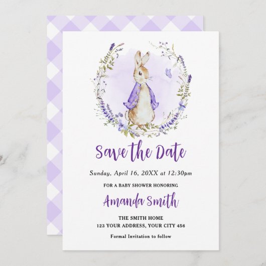 Peter Rabbit Paarse Baby shower Save The Date (Voorkant / Achterkant)