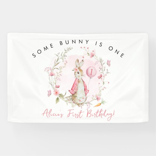 Peter Rabbit Pink 1st Birthday Some Bunny is ONE Spandoek (Horizontaal)