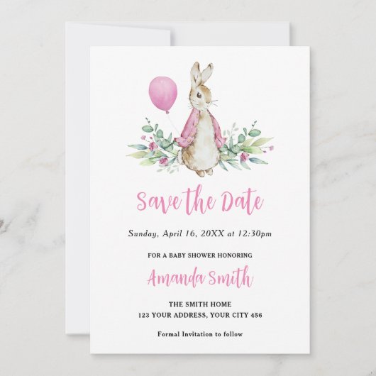 Peter Rabbit Pink Baby shower Save The Date (Voorkant)