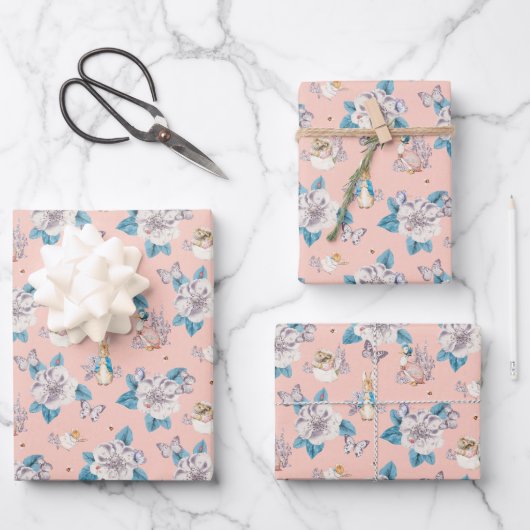 Peter Rabbit | Pink Floral Garden Pattern Inpakpapier Vel (Voorkant)