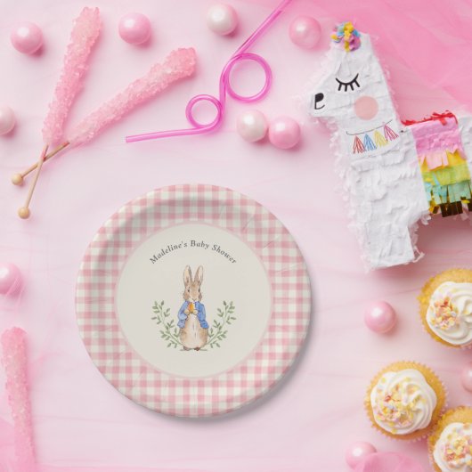 Peter Rabbit Pink Ivory Gingham Baby shower Papieren Bordje (Feest)