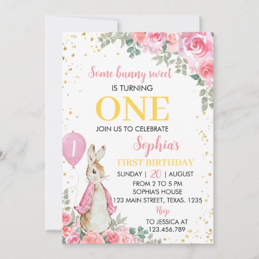 Peter Rabbit Roze Meisje Verjaardagsuitnodiging  Kaart (Voorkant)