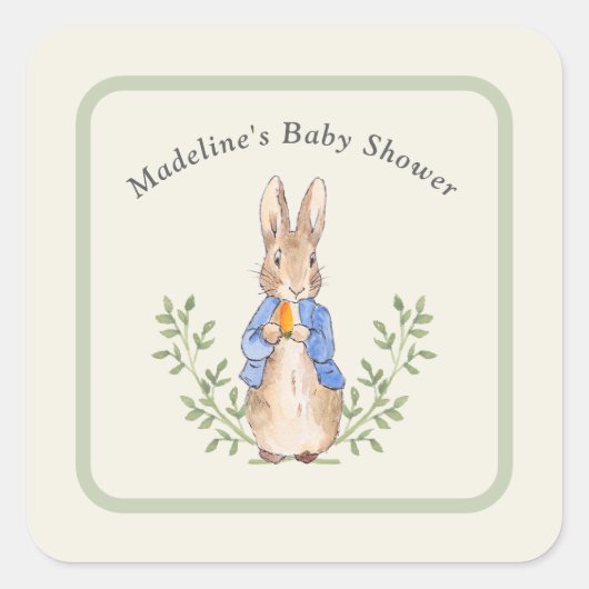 Peter Rabbit Sage Green  Baby shower Vierkante Sticker (Voorkant)