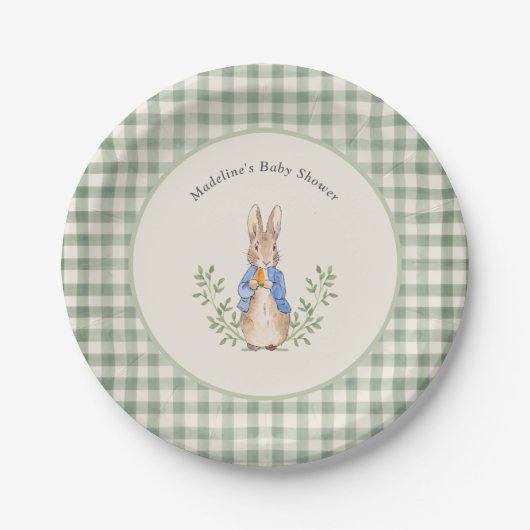 Peter Rabbit Sage Green Gingham Baby shower Papieren Bordje (Voorkant)