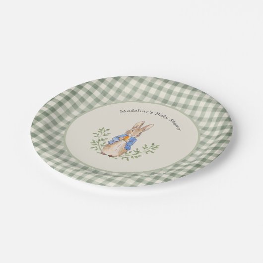 Peter Rabbit Sage Green Gingham Baby shower Papieren Bordje (Gekanteld)