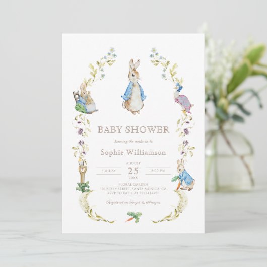 Peter Rabbit Wildflower Baby shower Invitation Kaart (Staand voorkant)