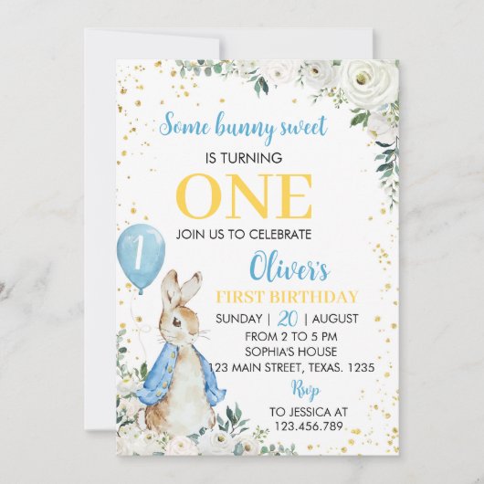 Peter Rabbit Wildflower Eerste Verjaardagsuitnodig Kaart (Voorkant)