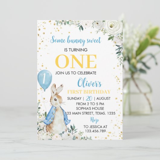 Peter Rabbit Wildflower Eerste Verjaardagsuitnodig Kaart (Staand voorkant)