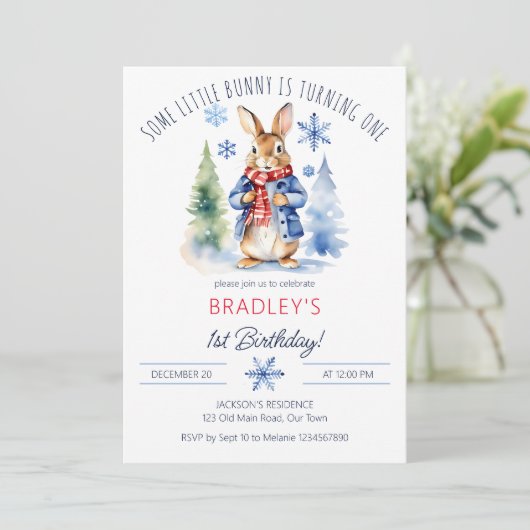 Peter rabbit winter thema verjaardagsfeestje sjabl kaart (Staand voorkant)