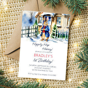 Peter rabbit winter thema verjaardagsfeestje sjabl kaart