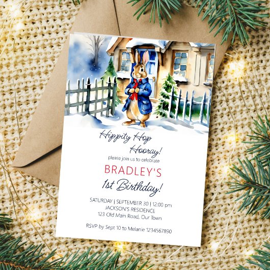 Peter rabbit winter thema verjaardagsfeestje sjabl kaart