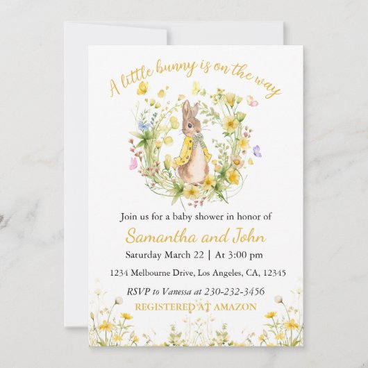 Peter Rabbit Yellow Floral Baby shower Uitnodiging (Voorkant)