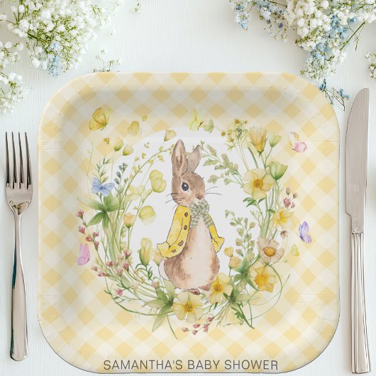 Peter Rabbit Yellow wildflower Gingham Baby shower Papieren Bordje