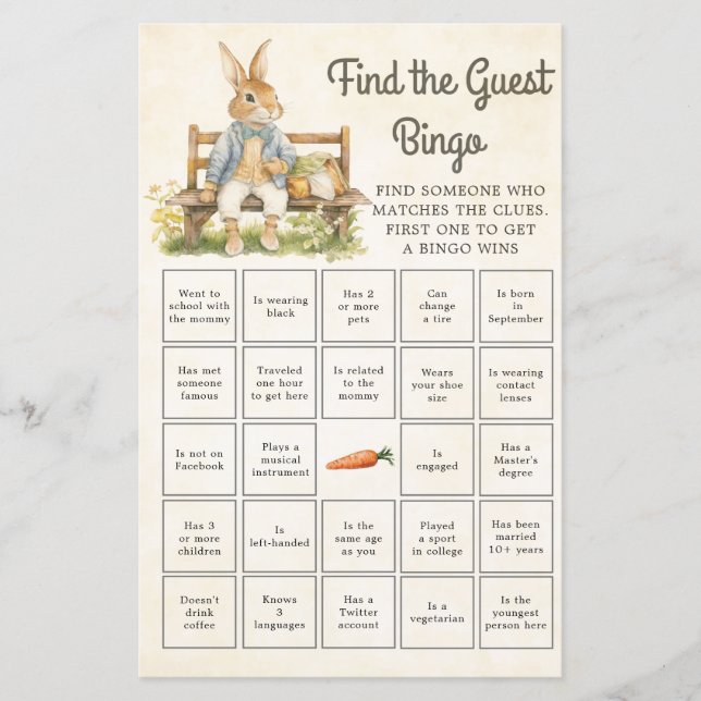Peter the Rabbit Baby shower Vind de gastbingo (Voorkant)