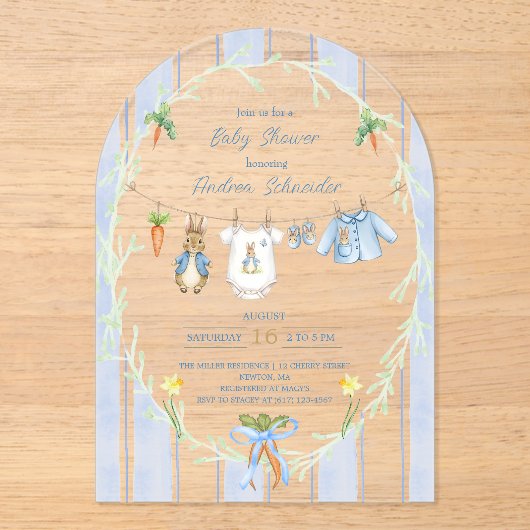 Peter the Rabbit Clothesline Baby Shower Acryl Uitnodigingen (Voorkant)