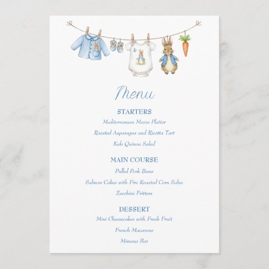 Peter the Rabbit Clothesline Baby Shower  Menu (Voorkant)