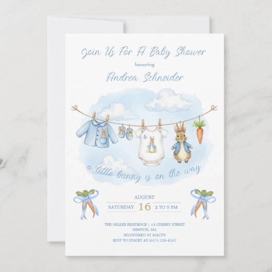 Peter the Rabbit Cute Clothesline Baby Shower Kaart (Voorkant)
