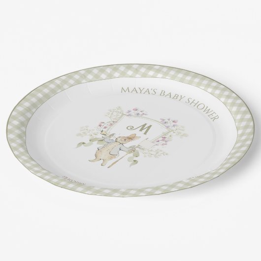 Peter the Rabbit Gingham Crest Gender Baby shower Papieren Bordje (Gekanteld)