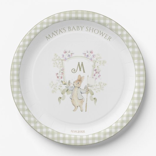 Peter the Rabbit Gingham Crest Gender Baby shower Papieren Bordje (Voorkant)