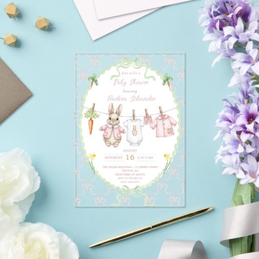 Peter the Rabbit Girl Clothesline Baby Shower Acryl Uitnodigingen (Insitu (Huwelijk))