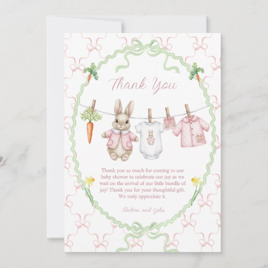 Peter the Rabbit Girl Clothesline Baby Shower Bedankkaart (Voorkant)