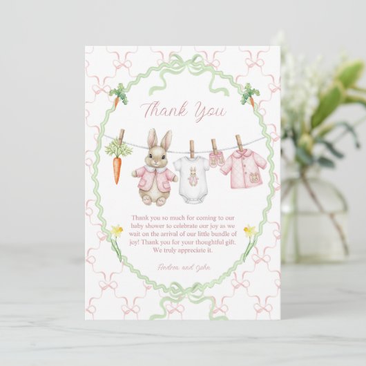 Peter the Rabbit Girl Clothesline Baby Shower Bedankkaart (Staand voorkant)