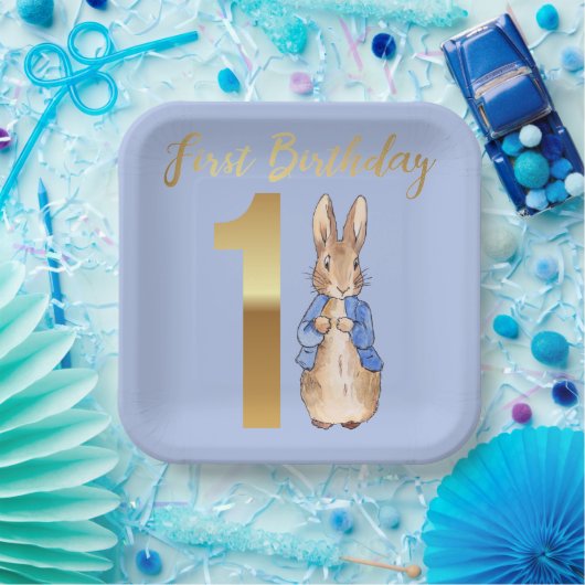 Peter the Rabbit Gold 1st Birthday Papieren Bordje (Feest)