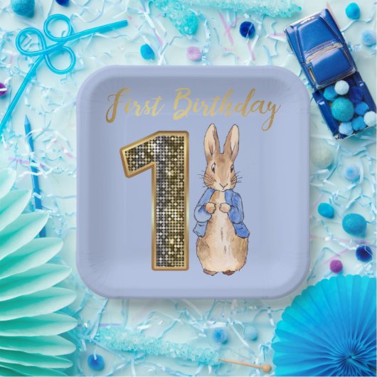 Peter the Rabbit Gold 1st Birthday Papieren Bordje (Feest)