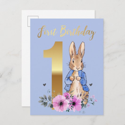 Peter the Rabbit Gold 1st Birthday Uitnodiging Briefkaart (Voorkant / Achterkant)
