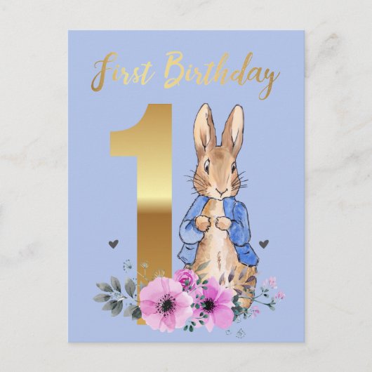 Peter the Rabbit Gold 1st Birthday Uitnodiging Briefkaart (Voorkant)
