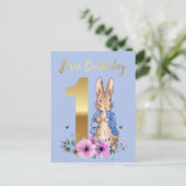 Peter the Rabbit Gold 1st Birthday Uitnodiging Briefkaart (Staand voorkant)