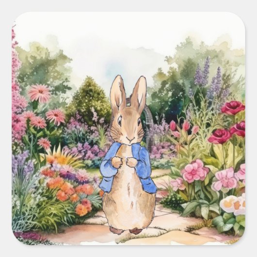 Peter the Rabbit in zijn tuin Vierkante Sticker (Voorkant)