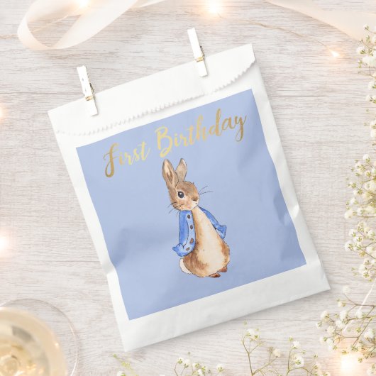 Peter the Rabbit met Gold First Birthday Text Bedankzakje (Geknipt)