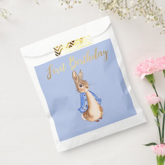 Peter the Rabbit met Gold First Birthday Text Bedankzakje (Gezegeld)