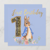 Peter the Rabbit met Gold First Birthday Text Kaart (Voorkant / Achterkant)