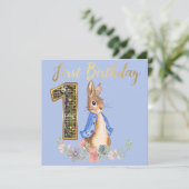 Peter the Rabbit met Gold First Birthday Text Kaart (Staand voorkant)