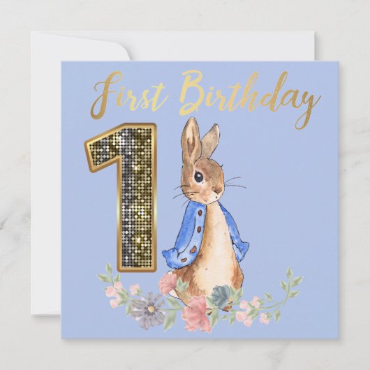 Peter the Rabbit met Gold First Birthday Text Kaart (Voorkant)