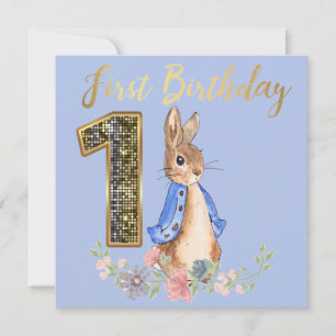 Peter the Rabbit met Gold First Birthday Text Kaart
