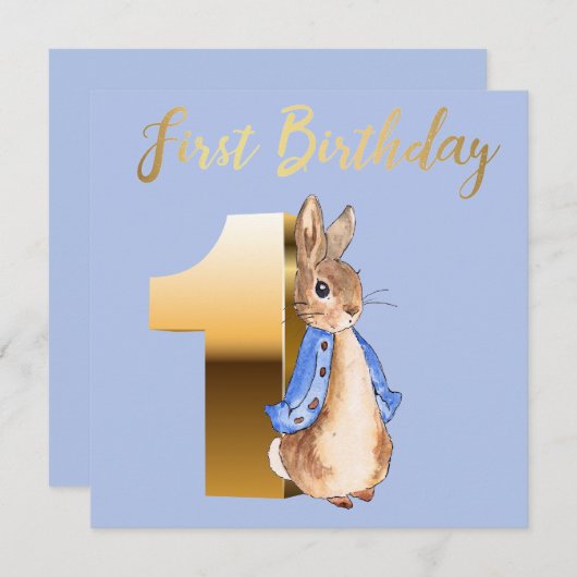 Peter the Rabbit met Gold First Birthday Text Kaart (Voorkant / Achterkant)