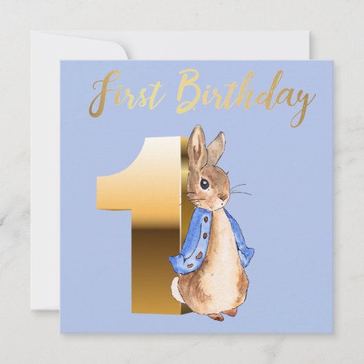 Peter the Rabbit met Gold First Birthday Text Kaart (Voorkant)